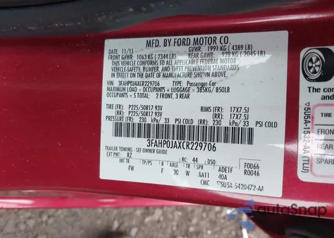 2012 Ford Fusion Sel из США, поврежденный, VIN 3FAHP0JAXCR229706